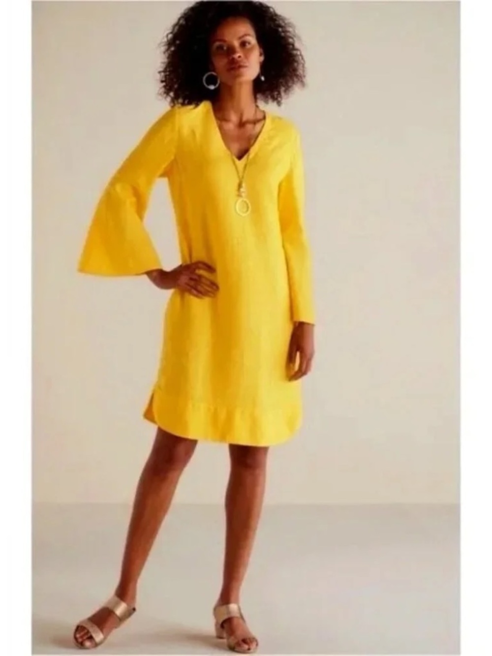 Soft Surroundings 100% Linen Yellow V-Neck Shift Dress Bell Sleeve - Size Medium
